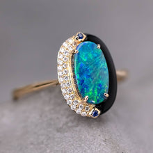 Load image into Gallery viewer, Yin-Yang Black Opal Diamond Sapphire Engagement Ring 18K Yellow Gold