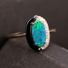Load image into Gallery viewer, Yin-Yang Black Opal Diamond Sapphire Engagement Ring 18K Yellow Gold