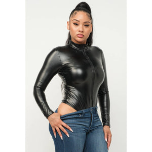 Zipper Front PU Bodysuit in Red