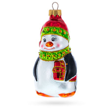 Load image into Gallery viewer, Penguin in Santa Hat with Red Present Glass Christmas Ornament