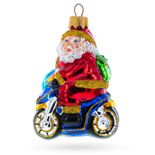 Load image into Gallery viewer, Santa on Motorcycle with Green Backpack Glass Christmas Ornament