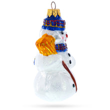 Load image into Gallery viewer, Snowman Wearing Blue Hat and Plaid Scarf with Broom Glass Christmas Ornament