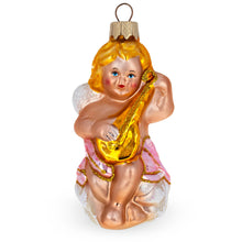 Load image into Gallery viewer, Cherub Angel Musician Playing Golden Mandolin Glass Christmas Ornament