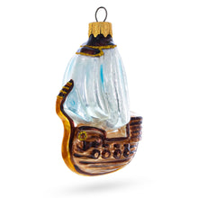 Load image into Gallery viewer, Wooden Sailboat with Billowing White Sails Glass Christmas Ornament