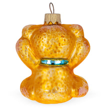 Load image into Gallery viewer, Golden Bear with Blue Bow and Raised Paws Glass Christmas Ornament