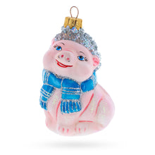 Load image into Gallery viewer, Piglet with Blue Scarf Glass Christmas Ornament