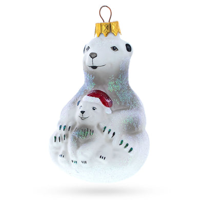 Mother Bear with Cub Glass Christmas Ornament