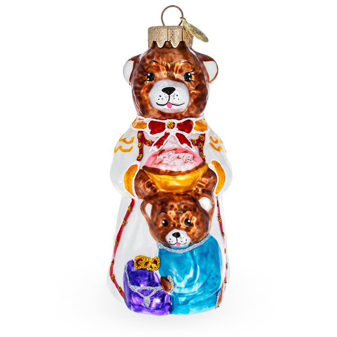 Mother Bear and Cub in Traditional Dress Glass Christmas Ornament
