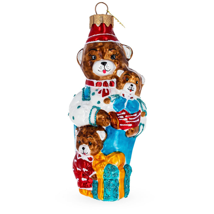 Father Bear with Cubs in Traditional Dress Glass Christmas Ornament