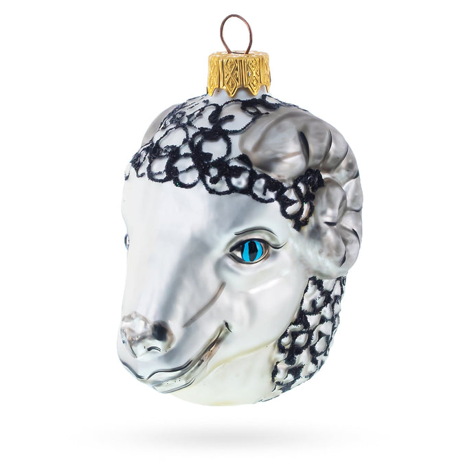 Ram Head with Blue Eyes Glass Christmas Ornament