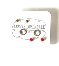 Load image into Gallery viewer, Red Silver Circles &amp; Olive Tiny Geo Stud Earrings Set