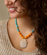 Load image into Gallery viewer, Apricot Fossil Blue Magnesite Golden Pendant Necklace