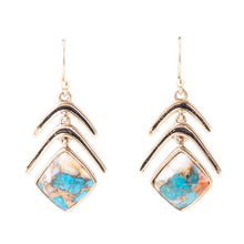 Load image into Gallery viewer, Arrows Blue Turquoise and Spiny Oyster Matrix Golden Drop Earrings