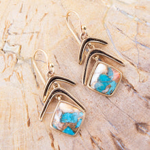 Load image into Gallery viewer, Arrows Blue Turquoise and Spiny Oyster Matrix Golden Drop Earrings