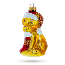 Load image into Gallery viewer, Puppy in Santa Hat with Stocking Glass Christmas Ornament