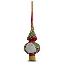 Load image into Gallery viewer, Santa and Mistletoe Wreath on Red Glass Christmas Tree Topper 11 Inches