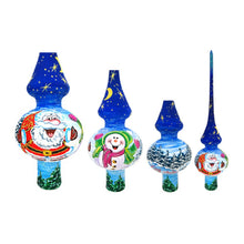 Load image into Gallery viewer, Santa and Snowman on Blue Glass Christmas Tree Topper 11 Inches