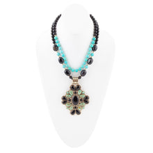 Load image into Gallery viewer, Barcelona Blue Turquoise and Black Onyx Golden Statement Necklace