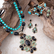 Load image into Gallery viewer, Barcelona Blue Turquoise and Black Onyx Golden Statement Necklace