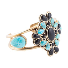 Load image into Gallery viewer, Barcelona Blue Turquoise Black Onyx Golden Cuff Bracelet