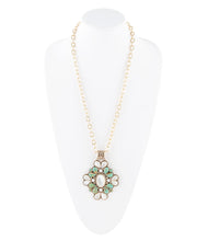 Load image into Gallery viewer, Barcelona Blue Turquoise and Mother of Pearl Golden Statement Necklace