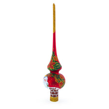 Load image into Gallery viewer, Santa Climbing Down Chimney on Red Glass Christmas Tree Topper 11 Inches