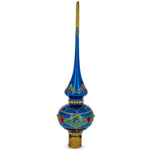 Load image into Gallery viewer, Blue and Gold with Ornate Glitter Geometrical Glass Christmas Tree Topper 11 Inches