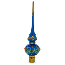 Load image into Gallery viewer, Blue and Gold with Ornate Glitter Geometrical Glass Christmas Tree Topper 11 Inches
