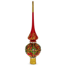 Load image into Gallery viewer, Green &amp; Gold Glitter with Pearls Glossy Red Glass Christmas Tree Topper 11 Inches