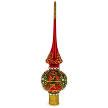 Load image into Gallery viewer, Green &amp; Gold Glitter with Pearls Glossy Red Glass Christmas Tree Topper 11 Inches