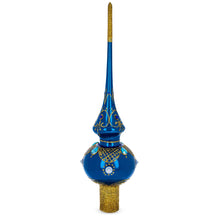Load image into Gallery viewer, Blue Jewels and White Pearls on Glossy Blue Glass Christmas Tree Topper 11 Inches