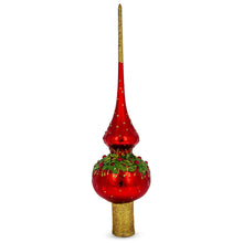 Load image into Gallery viewer, Red Pearls and Poinsettia Flowers on Glossy Red Glass Christmas Tree Topper 11 Inches