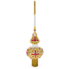 Load image into Gallery viewer, Red Jeweled Stars on Gold Pattern on White Glass Christmas Tree Topper 11 Inches