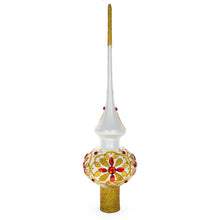Load image into Gallery viewer, Red Jeweled Stars on Gold Pattern on White Glass Christmas Tree Topper 11 Inches