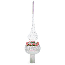Load image into Gallery viewer, Pink Roses on Silver Swirls and Clear Glass Christmas Tree Topper 11 Inches