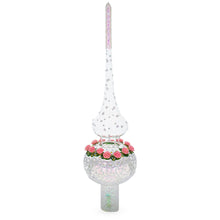 Load image into Gallery viewer, Pink Roses on Silver Swirls and Clear Glass Christmas Tree Topper 11 Inches