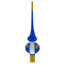 Load image into Gallery viewer, White Pearls with Golden Leaves on Blue Glass Christmas Tree Topper 11 Inches