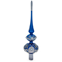 Load image into Gallery viewer, Pearls and Twisted Rope on Double Ball Blue Glass Christmas Tree Topper 12.5 Inches