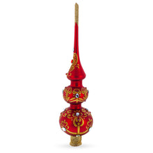 Load image into Gallery viewer, White and Red Jewels with Golden Trellis on Red Glass Christmas Tree Topper 12.5 Inches
