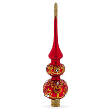 Load image into Gallery viewer, White and Red Jewels with Golden Trellis on Red Glass Christmas Tree Topper 12.5 Inches