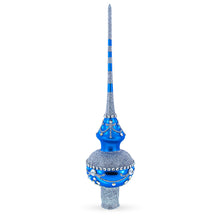 Load image into Gallery viewer, White Jewels and Silver on Blue Glass Christmas Tree Topper 11 Inches