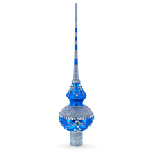 Load image into Gallery viewer, White Jewels and Silver on Blue Glass Christmas Tree Topper 11 Inches