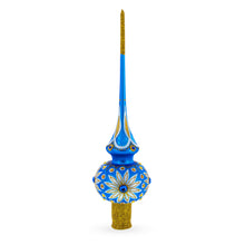 Load image into Gallery viewer, White Daisies on Blue Glass Christmas Tree Topper 11 Inches