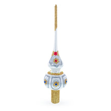 Load image into Gallery viewer, Dimensional Blue and Red Jewels on Silver Glass Christmas Tree Topper 11 Inches