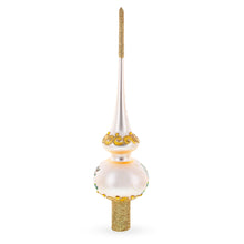 Load image into Gallery viewer, White Flowers Bouquet on Beige Glass Christmas Tree Topper 11 Inches