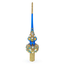 Load image into Gallery viewer, Diamond Stars on Blue and Gold Glass Christmas Tree Topper 11 Inches