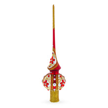 Load image into Gallery viewer, Red Jewels and White Pearls on Red Glass Christmas Tree Topper 11 Inches