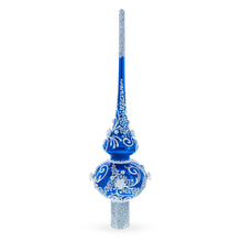 Load image into Gallery viewer, Silver Swirls on Blue Glass Tree Topper