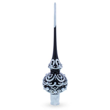 Load image into Gallery viewer, Black &amp; White Scroll Pear Glass Christmas Tree Topper 11 Inches