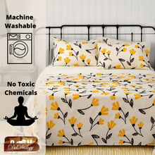Load image into Gallery viewer, DaDa Bedding Yellow Fleur Golden Orange Floral Ivory Fitted &amp; Flat Bed Sheets Set (18112)